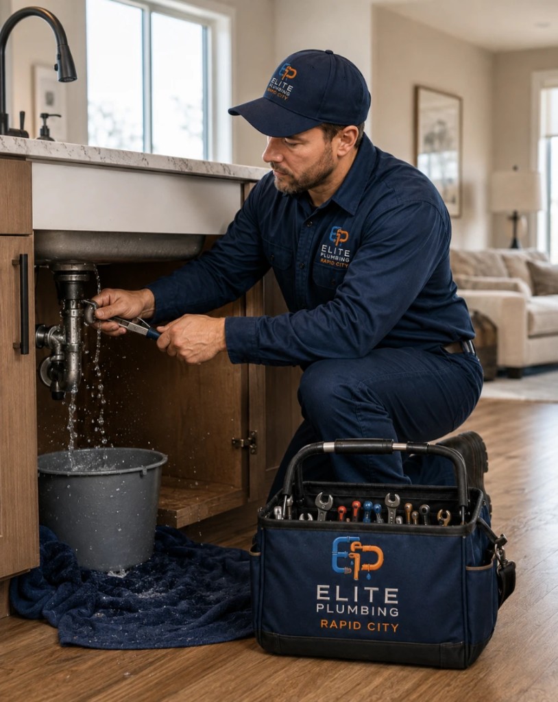Our plumber repairs a leaking kitchen sink during emergency service in Rapid City, SD