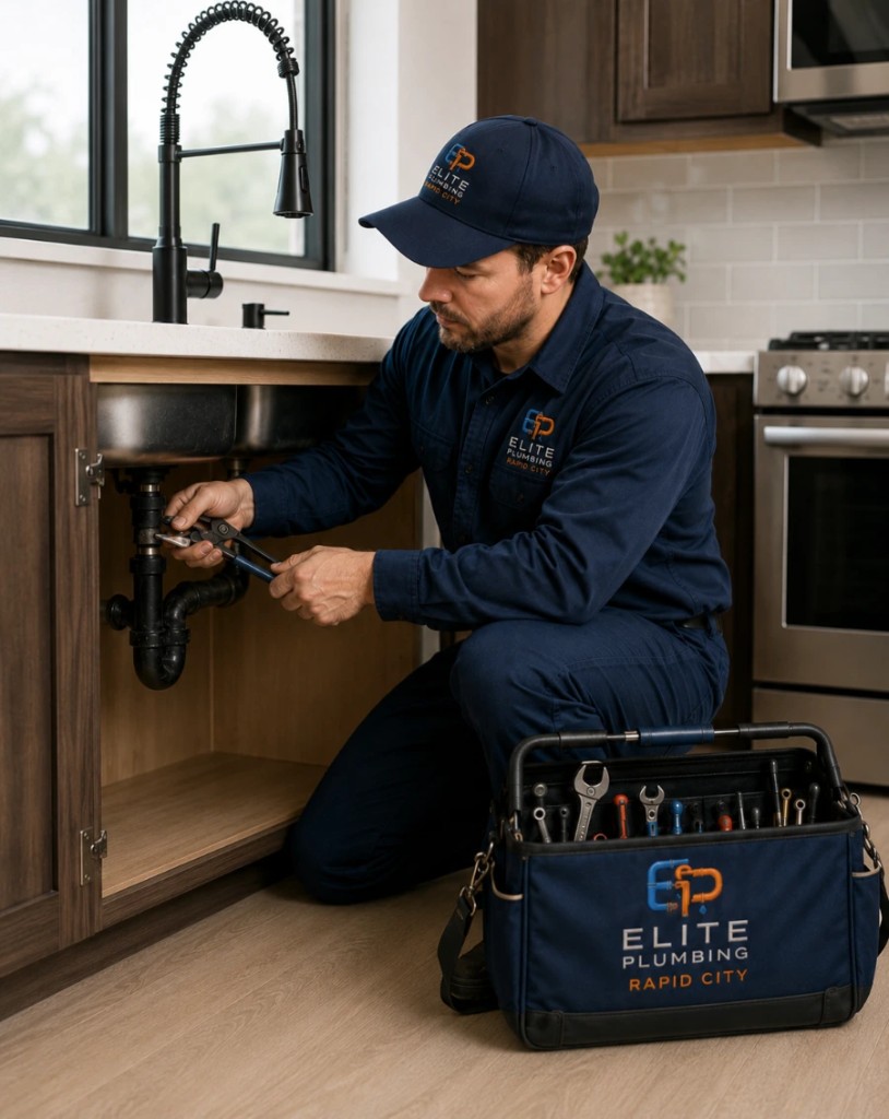 Elite Plumbing Rapid City plumber repairing a kitchen faucet and drain in Rapid City, SD