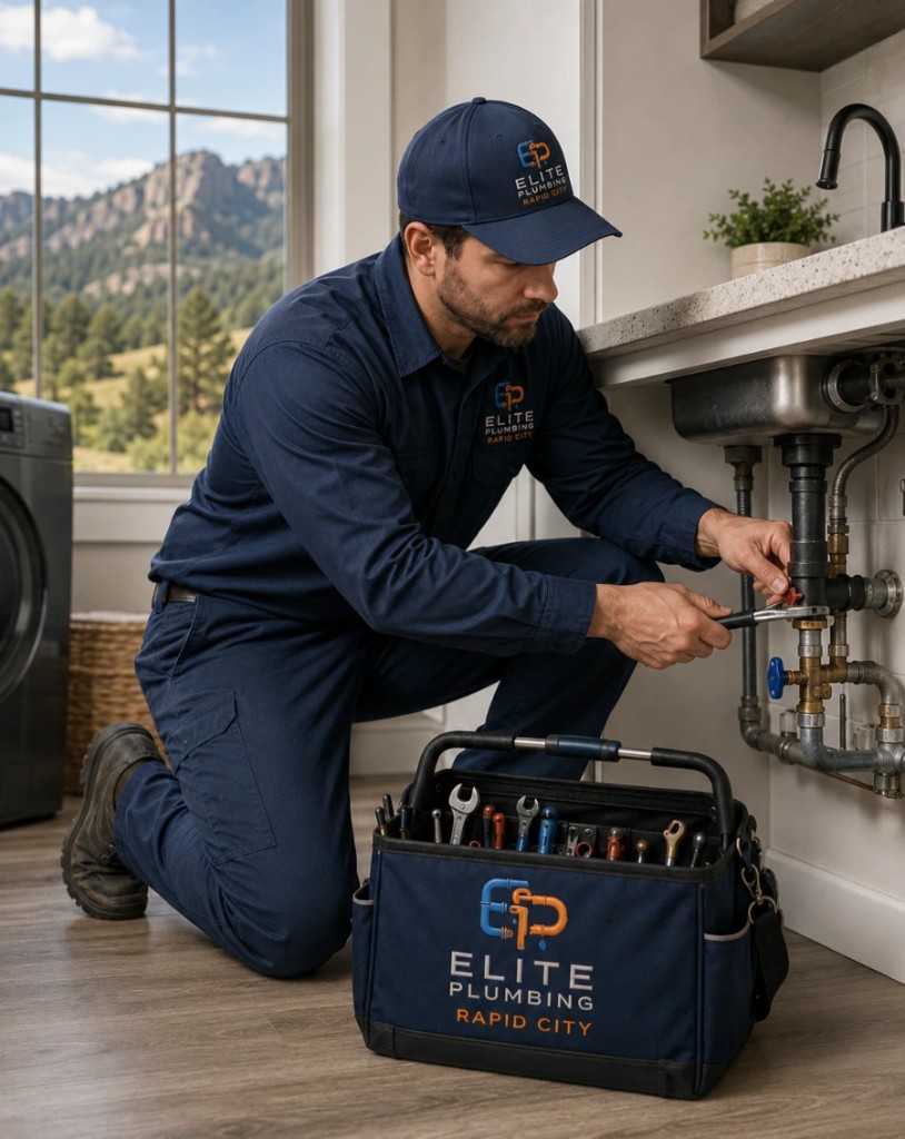 Elite Plumbing Rapid City plumber repairing pipes under a sink