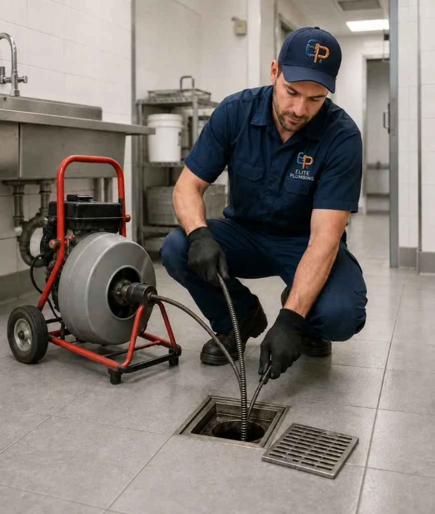 Our team's plumber snaking a floor drain in Rapid City, SD