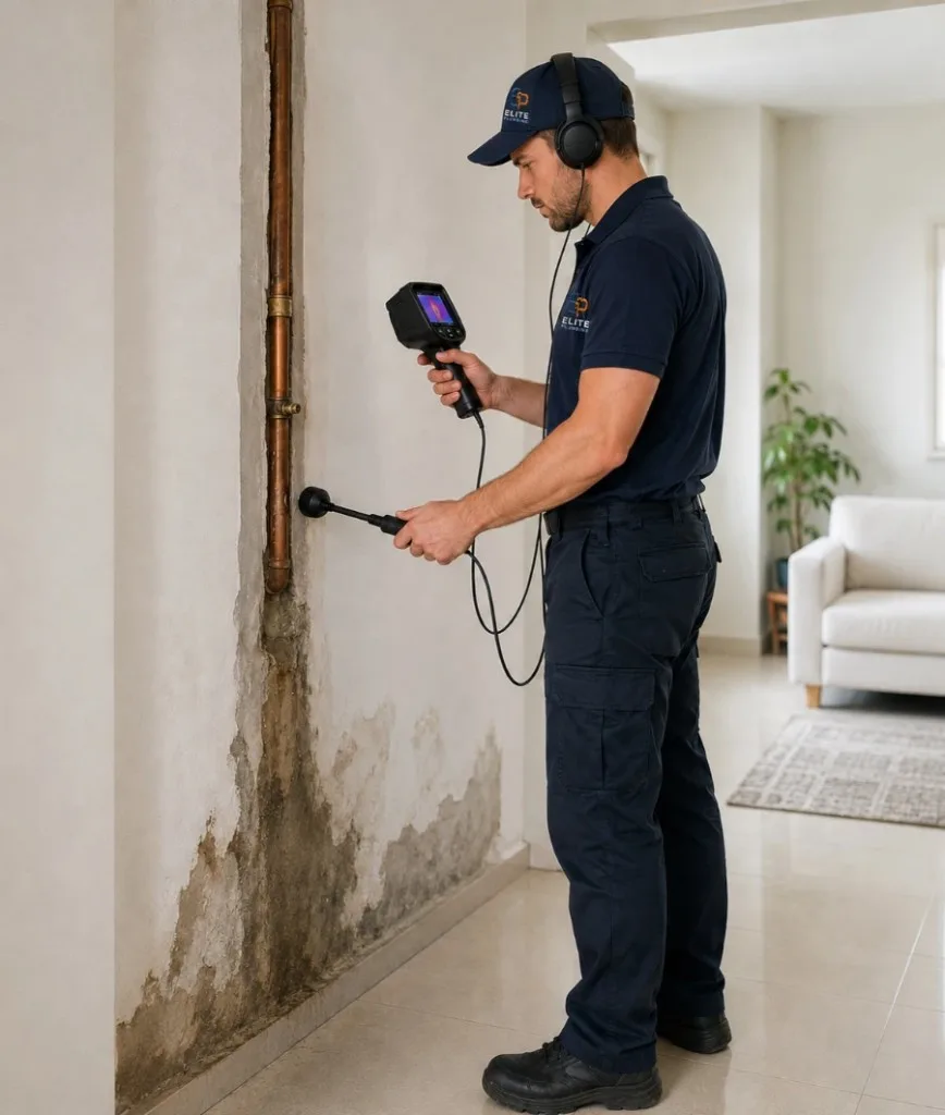 Our team is using leak detection equipment on a damaged wall in Rapid City, SD