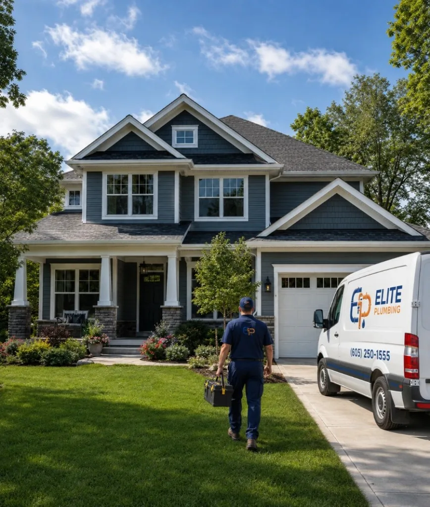 Elite Plumbing Rapid City plumber arriving for residential plumbing service at a Rapid City home