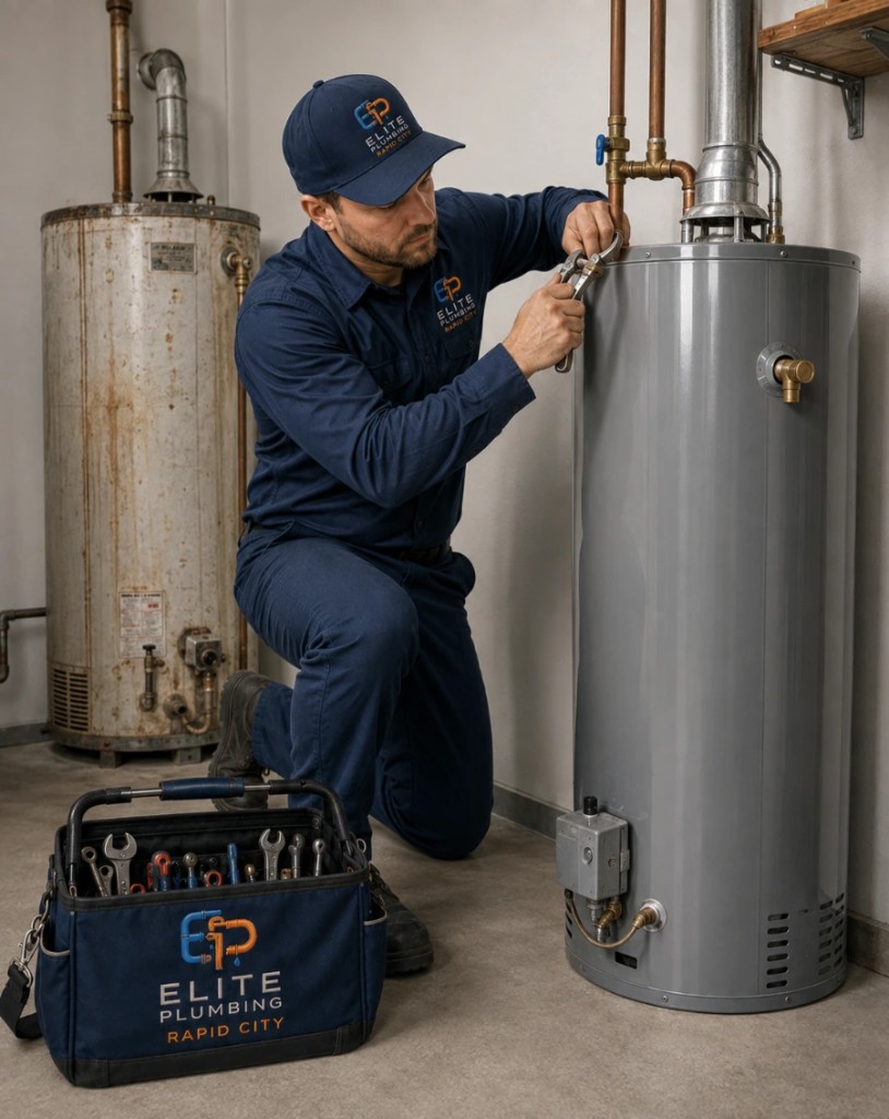 A plumber installing a new water heater next to an old unit in Rapid City, SD