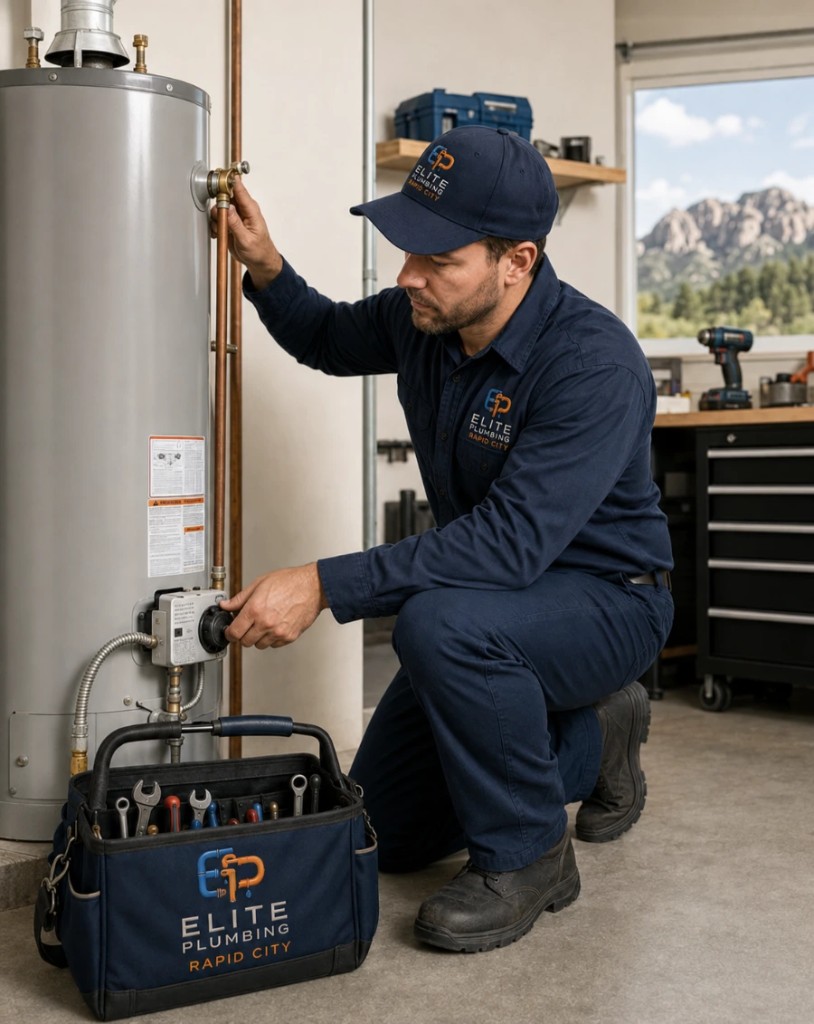 Elite Plumbing Rapid City technician servicing a water heater