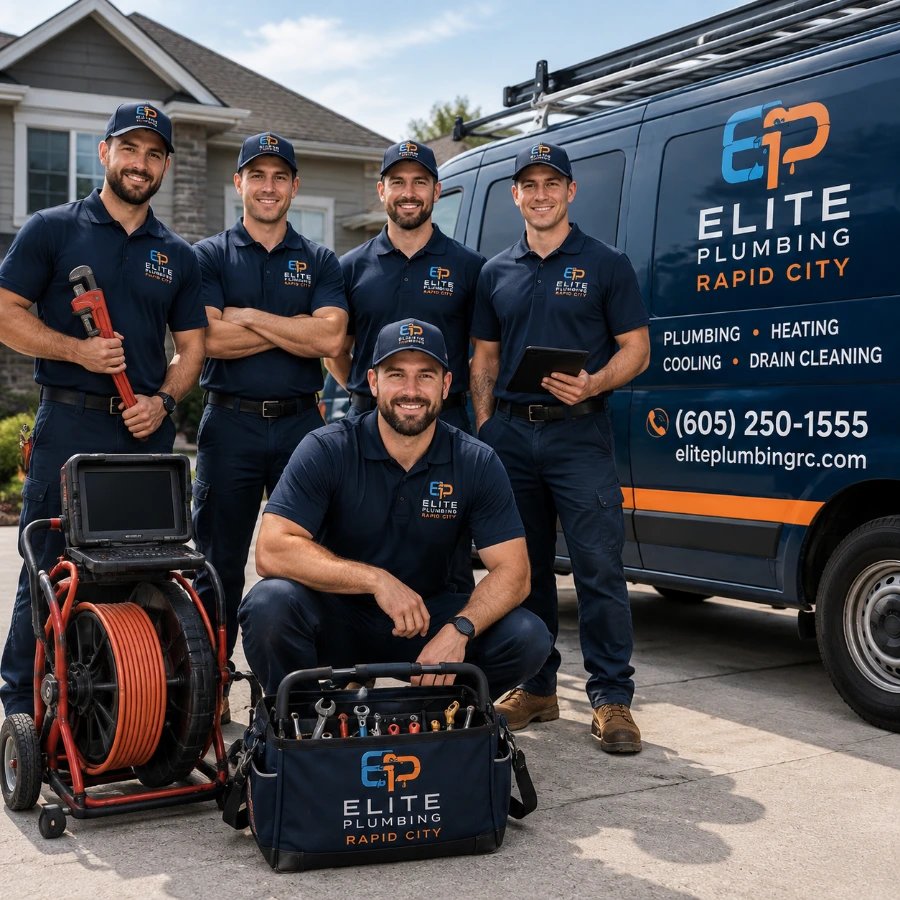 A perfect Team of Elite Plumbing Rapid City standing with a service van